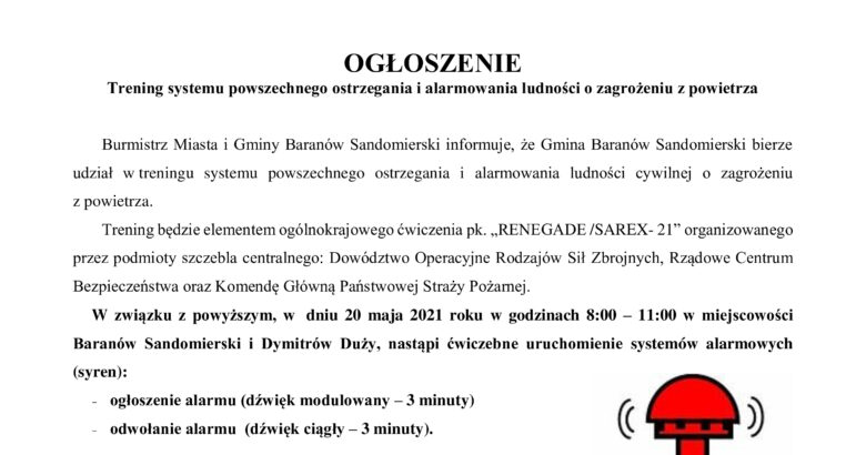 Zdjęcie dla artykułu Trening systemu powszechnego ostrzegania i alarmowania ludności o zagrożeniu z powietrza