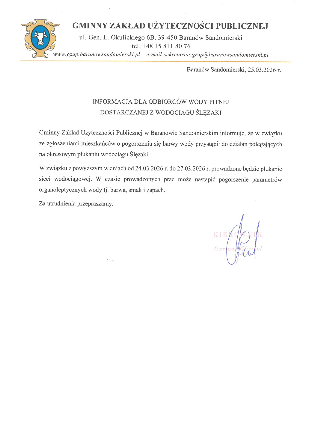Informacja o sieci wodociągowej