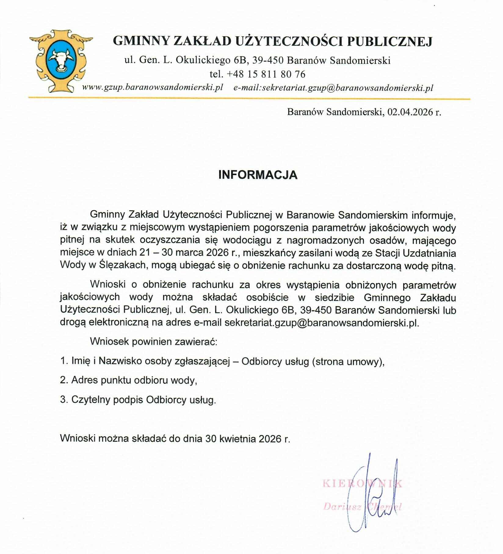 Informacja dotycząca wody